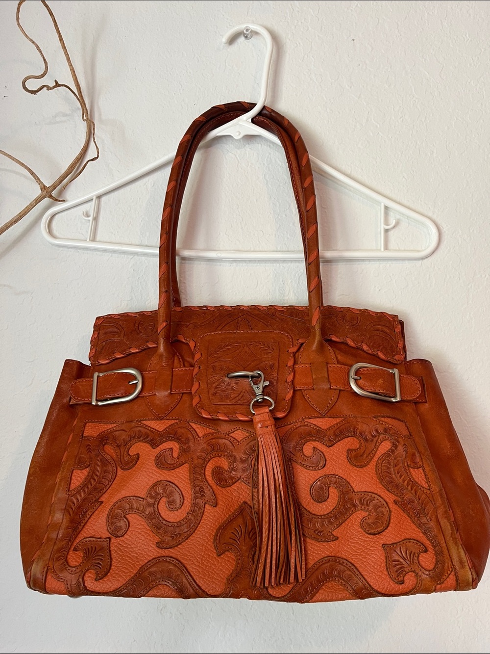 Leaders In Leather Tooled Bag Tassel Woven Orange Rare Boho Festival Buckle Y2K